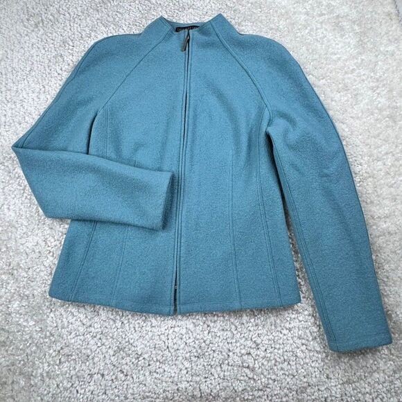 Lafayette 148 New York Wool Full Zip Seamed Collarless Jacket Blue - Picture 1 of 6